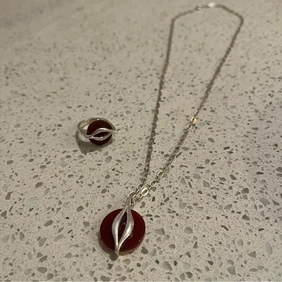 Vintage .925 Ring & Necklace set w/ Carnelian reminds me of Cartier *marked - Picture 7 of 13